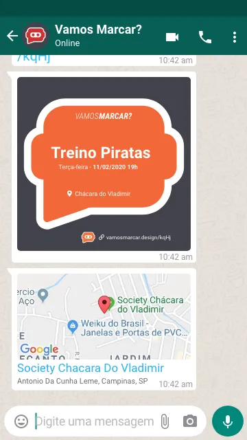 A Vamos Marcar? event invitation inside a WhatsApp thread: a branded card with the event name, date, time and place, followed by a map pin for the location